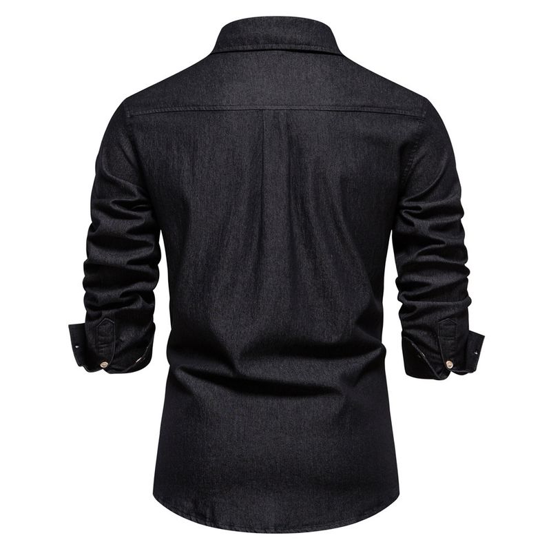 Jeanshemd für Herren – Klassische Langarm-Arbeitskleidung aus Baumwoll-Chambray, sandgewaschen und vorgeschrumpft (15 Farben von Mitternachtsschwarz bis Vintage-Blau)_voghion.com