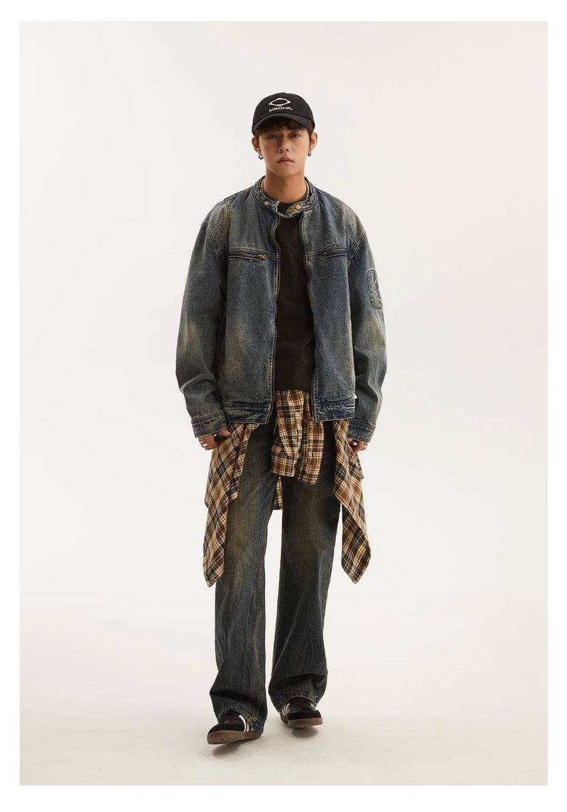 Herrenbekleidung Retro Washed Distressed Jeansjacke Coole lockere lässige Reißverschlussjacke Tops_voghion.com