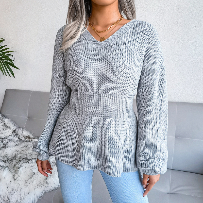 Maglione lavorato a maglia con volant e orlo a coste, stile Ins, autunno inverno, abbigliamento da donna_voghion.com