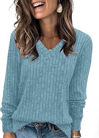 K Women's Long-sleeved V-neck Ribbed Brushed Knitted Top T-shirt_voghion.com
