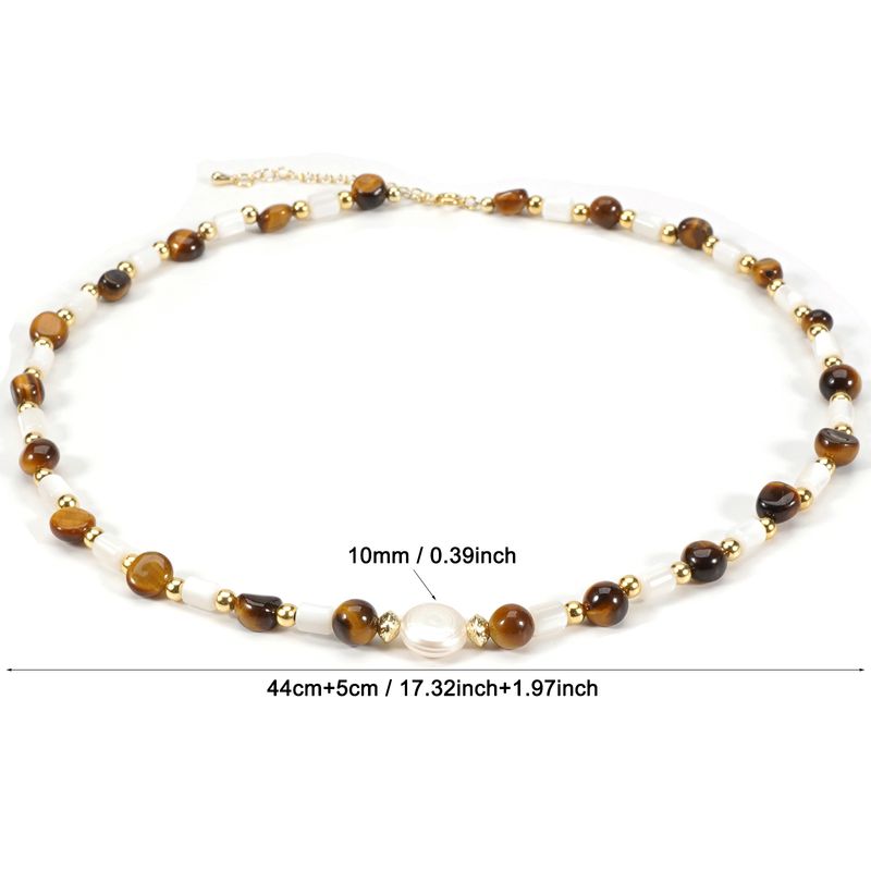 Corrente de ouro 14K Pérola de água doce Concha Olho de tigre Pedra natural Colar de pedra Corrente de clavícula_voghion.com
