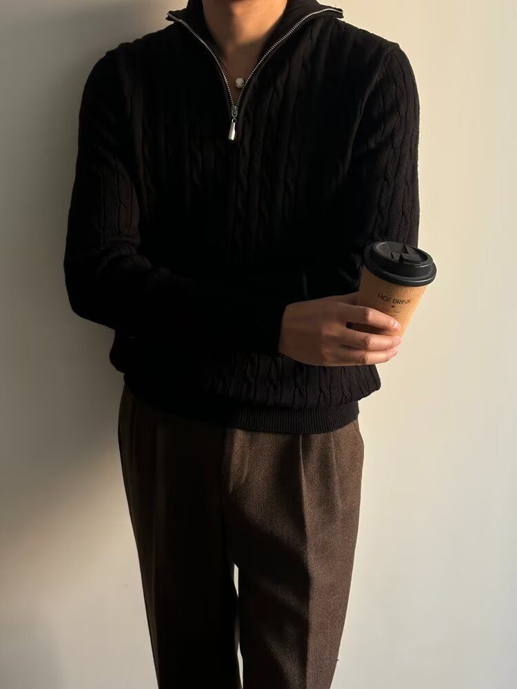 Maglione con mezza zip da uomo autunno 2024 nuova versione coreana di nicchia versatile design a maglia spessa con colletto rovesciato_voghion.com