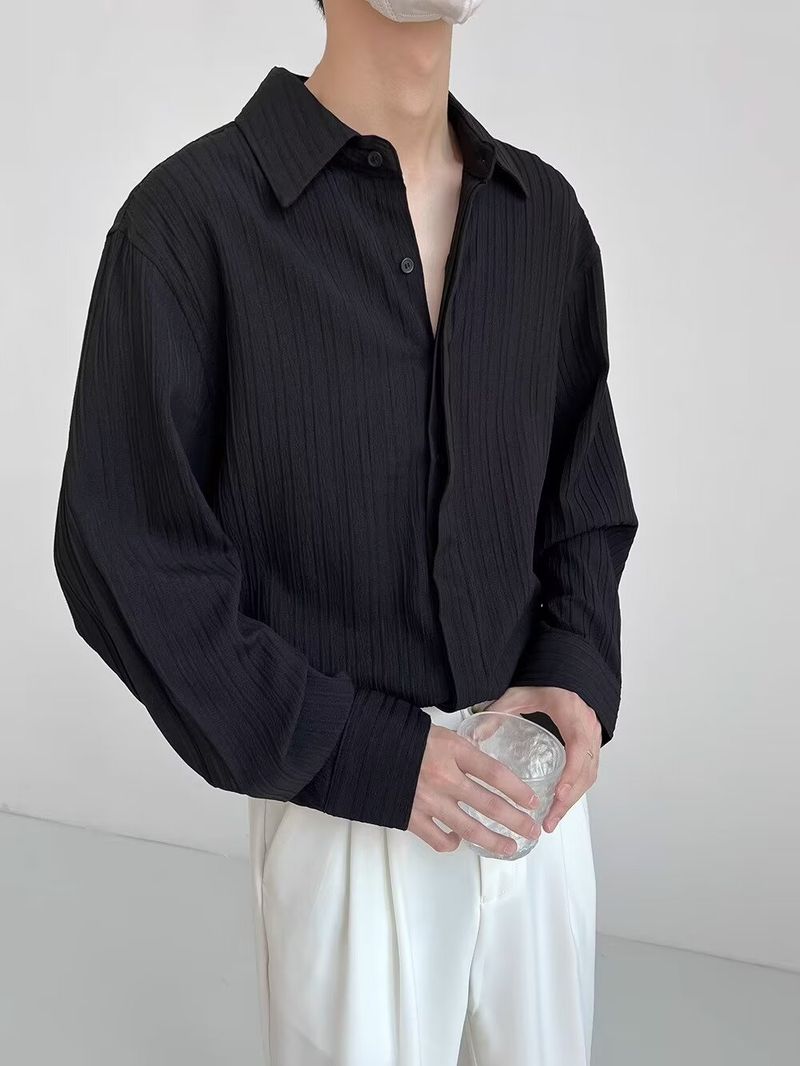 Advanced Style Shirt Männer Laangärmlech Plisséiert Hemd Äis Seid Neie Stil Cool Casual Top Männer_voghion.com
