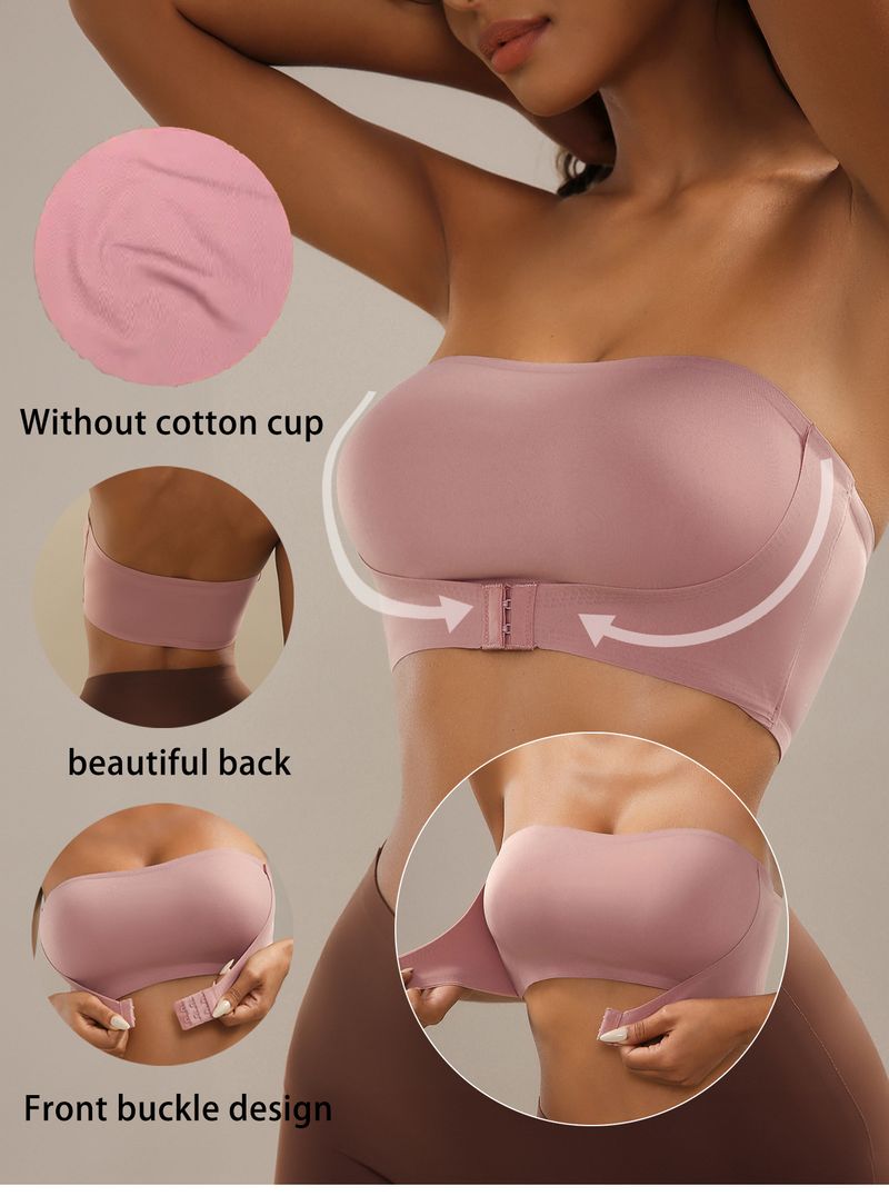 Reggiseno bustier senza spalline con chiusura frontale, push-up senza cuciture, con leggera imbottitura, senza ferretto, comfort, tessuto in nylon liscio e traspirante_voghion.com