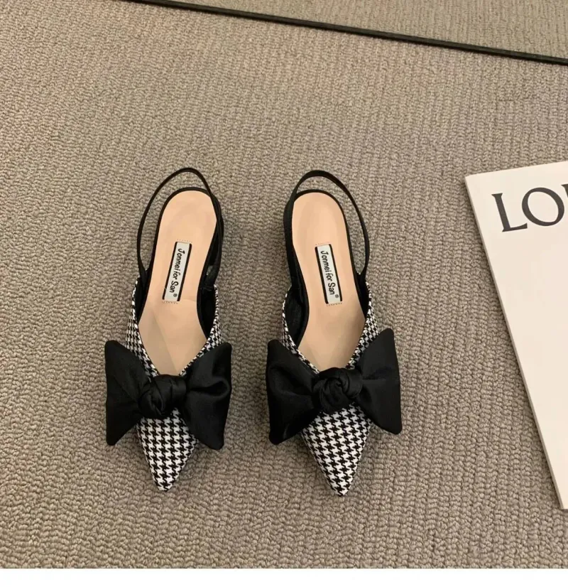 Summer Women's Fashion Shallow Bowknot Slingbacks Pumps Black And White Plaid Polka Dots Slip-on Low Heels Sandals_voghion.com