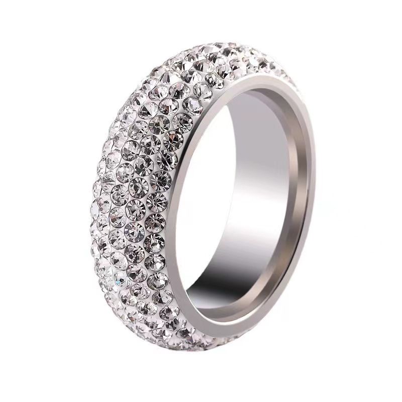 Anello unisex alla moda in acciaio al titanio con 5 file di diamanti e curvatura in argilla bianca_voghion.com