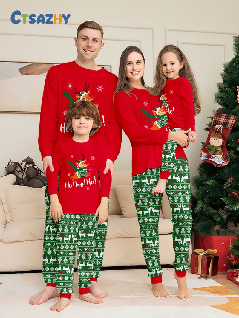 Cozy Christmas Family Pajama Set – Deer & Alphabet Print Matching Sleepwear For Parents, Kids & Pets (S-4XL, 6M-14Y, Dog S-XL)_voghion.com