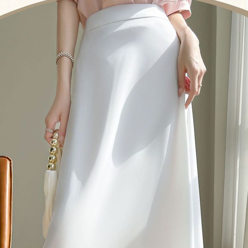 vendita calda donne conciso solido raso plissettato midi ragazze vintage medio elastico vestito femminile versatile confortevole gonne lunghe_voghion.com