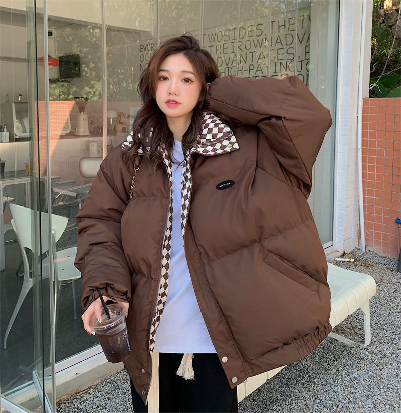 new style checkerboard down cotton coat for women, loose BF style stand collar short cotton coat, cotton jacket, thickened bread coat_voghion.com