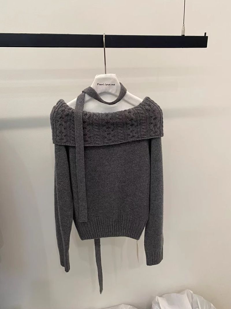 Maglione a spalle scoperte per donna coreano grigio autunno inverno alla moda versatile vestibilità ampia stile pigro bellissimo lavorato a maglia_voghion.com