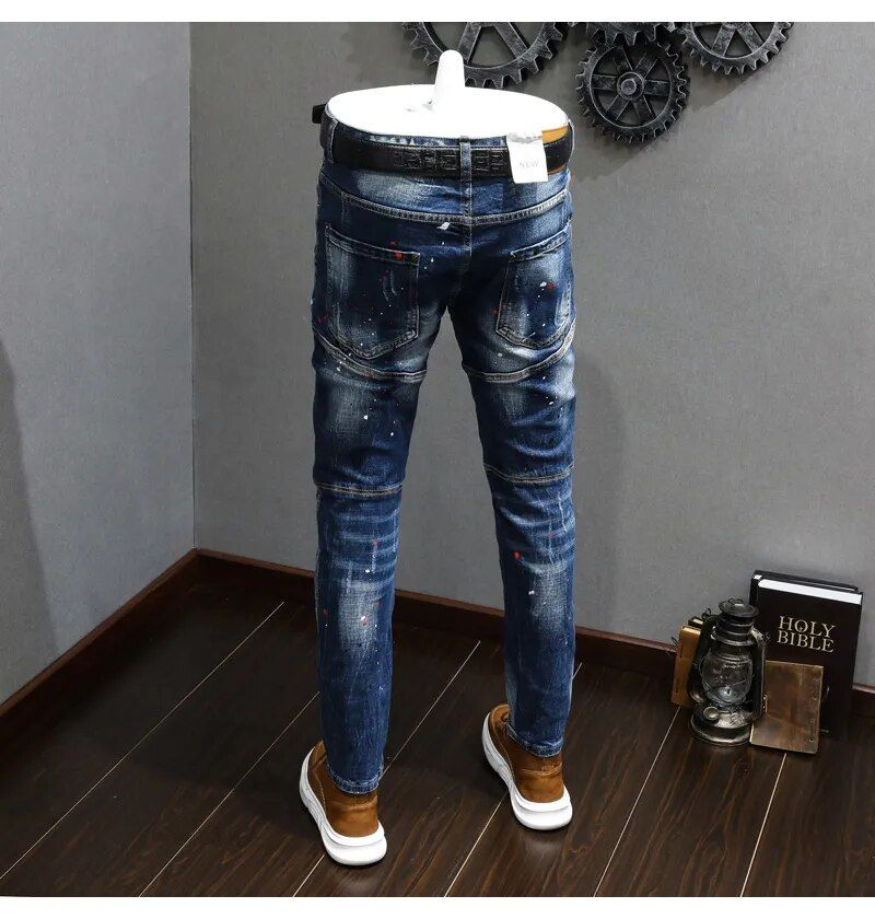 Jean déchiré rétro bleu pour hommes, pantalon en denim, slim, peint, style coréen, vintage, décontracté_voghion.com