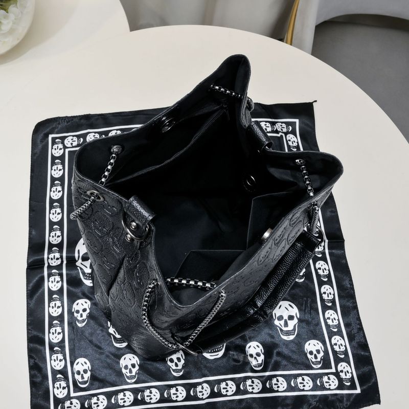 Bucket Bag Set - Gothic Embossed Skull Shoulder Purse (Spacious Work & Weekend Tote 2-Piece Matching Set Adjustable Strap Water-Resistant Lining)_voghion.com