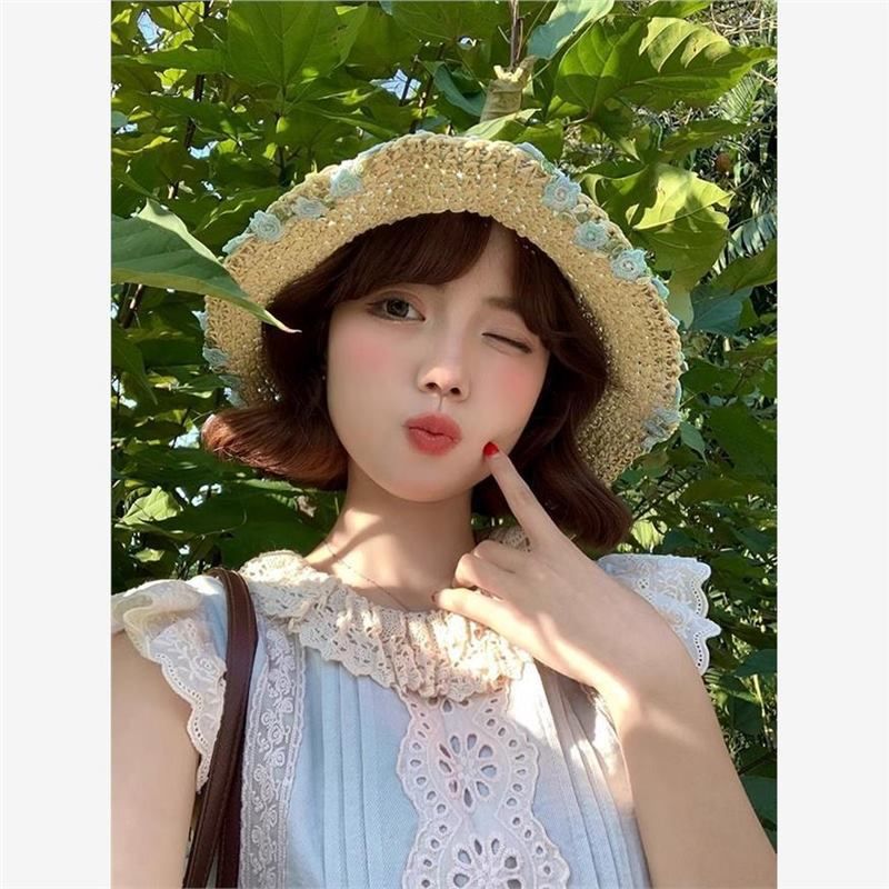 Cappello da pescatore in maglia con fiori blu, nuovo cappello da spiaggia in paglia larga, primavera 2025_voghion.com