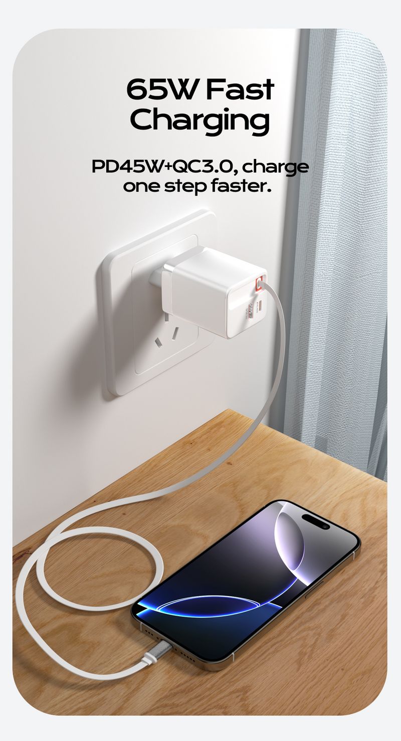 65W USB PD3.0 Phone Fast Charger With Retractable Cable EU/UK Plug Portable Power Adapter For Xiaomi Samsung USB-C Wall Charger_voghion.com