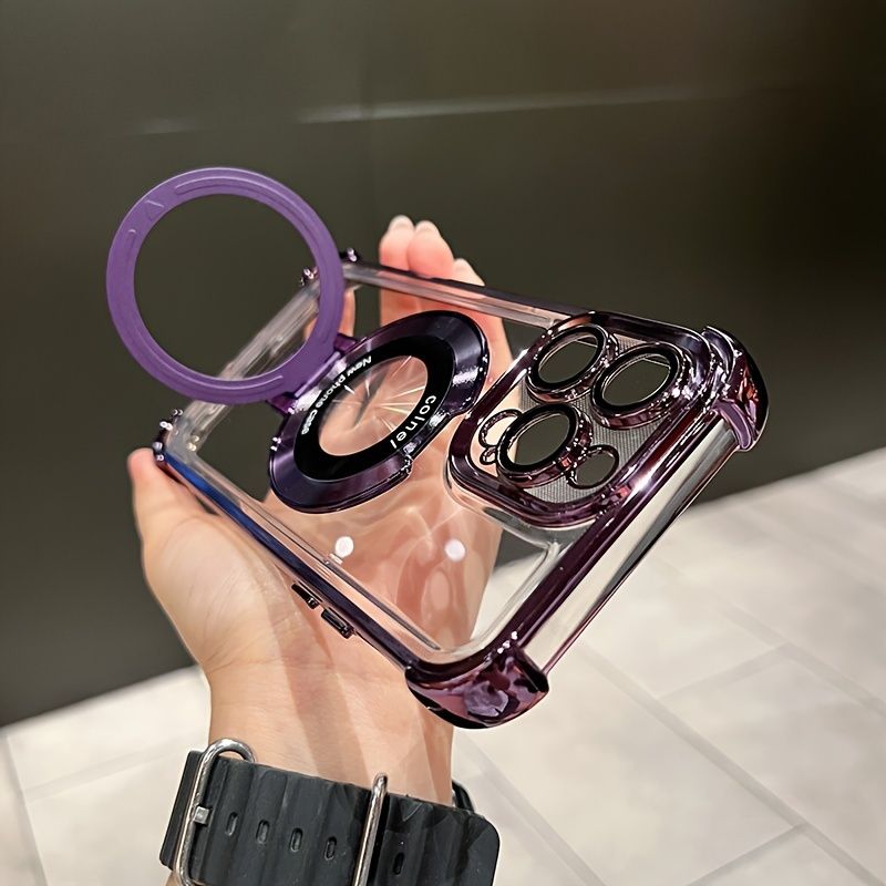 Electroplating Clear Kickstand Case for iPhone 13 12 Pro Max 14 15 Plus with Magnetic Bracket Holder Mobile Phone Shell_voghion.com