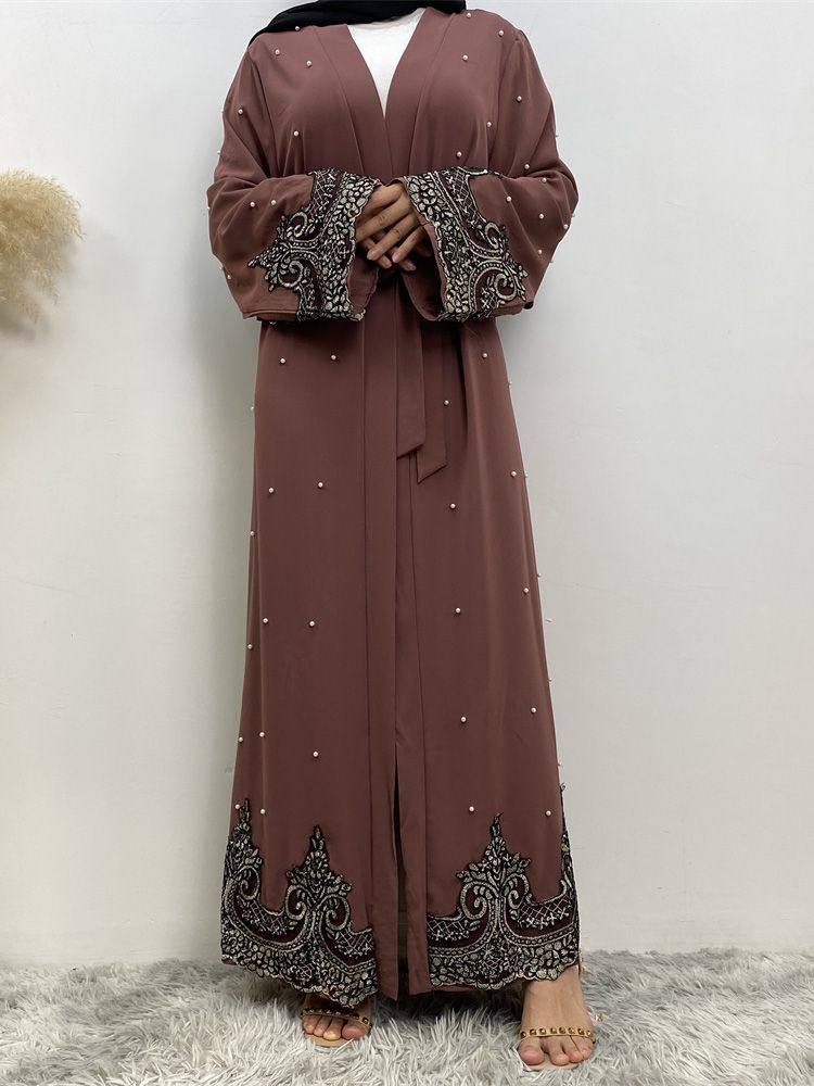 Heißer Verkauf Offene Abaya Frauen Kleidung Spitze Mit Perlen Design Muslimischen Mode Kimono Lange Kaftan Islamischen Dubai Kleider Für Frauen_voghion.com