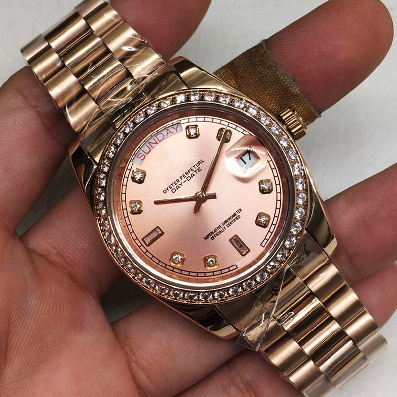 Montre mécanique entièrement automatique Laojia avec bague en diamant et double calendrier DD Datejust en or rose_voghion.com