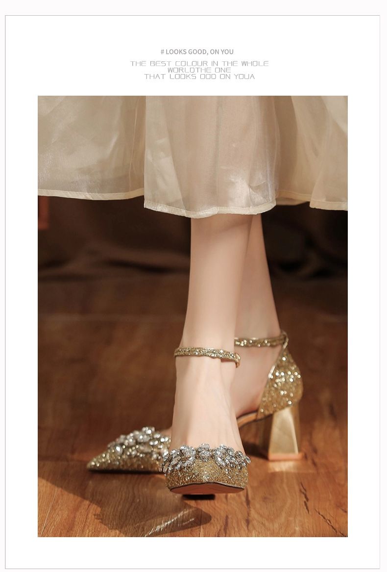 6666-3 Scarpe con tacco grosso, paillettes, strass, fibbia, cinturino singolo, abito da banchetto da sposa, tacchi alti, eleganti glitter_voghion.com