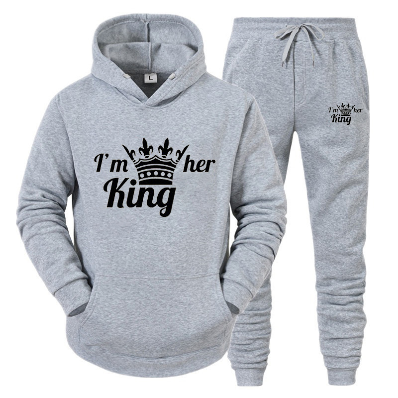 Set da donna con cappuccio KING QUEEN per coppie maschili e femminili, tuta sportiva casual, set di due pezzi_voghion.com