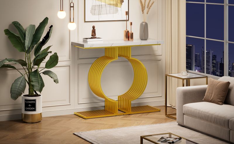 Table basse moderne minimaliste blanche brillante 100 x 35 x 80 cm, table d'appoint de salon avec pieds dorés, console, configuration double._voghion.com