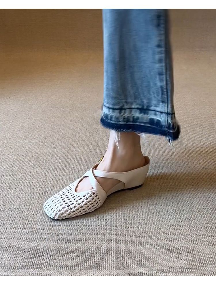 Lan Cabinet Version ~ Kreuzschnalle Hohl Weiches Leder Versteckter Absatz Clogs Für Frauen Slip-On Sommer Gewebte Geschlossene Zehen_voghion.com