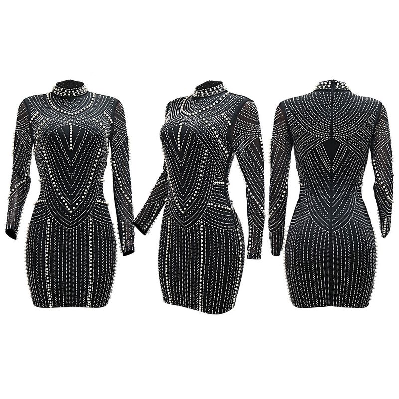 Abito a maniche lunghe da donna, alla moda, con perline a bolle e diamanti, gonna alla moda_voghion.com