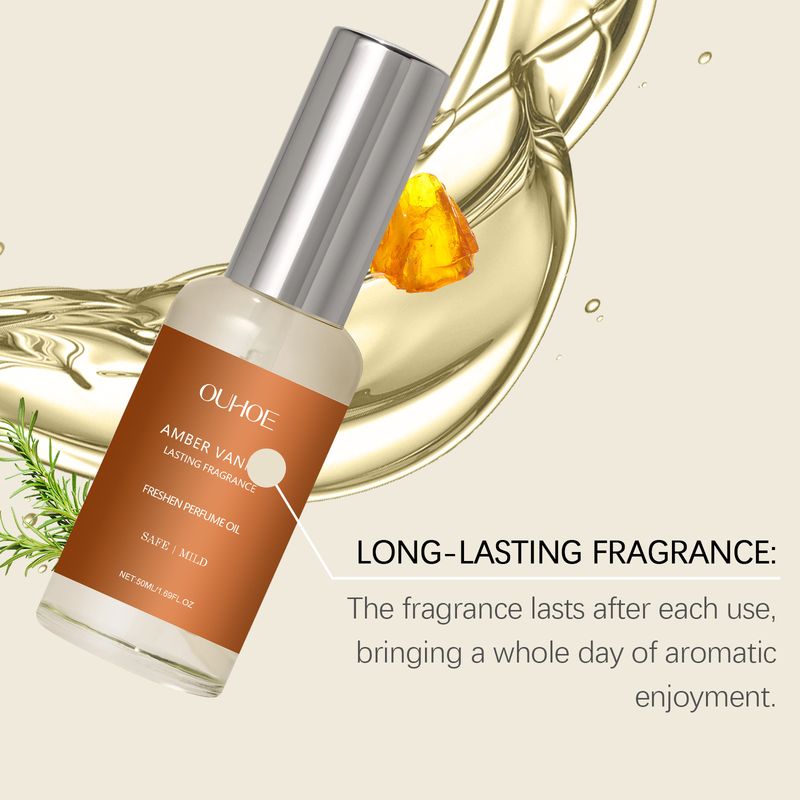 Perfume con textura de aceite esencial de vainilla, suave, fresco, ámbar claro y duradero._voghion.com