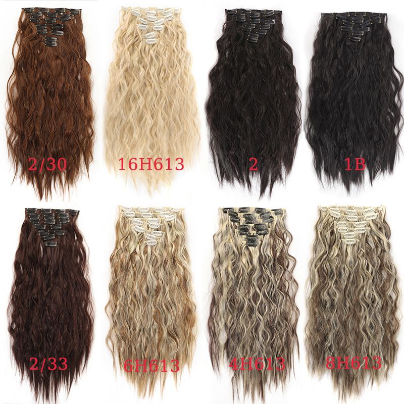 7-teilige Perücke-Set, Corn Curls, ongeféier 50 cm, 145 g, Verlängerung, Perücke mat chemesche Faseren, synthetesch Perücke_voghion.com