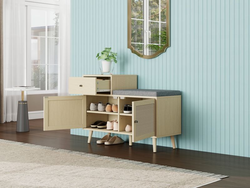 Schuhbank con rattantüren, Sitzfläche e Schublade 90x35x65cm_voghion.com