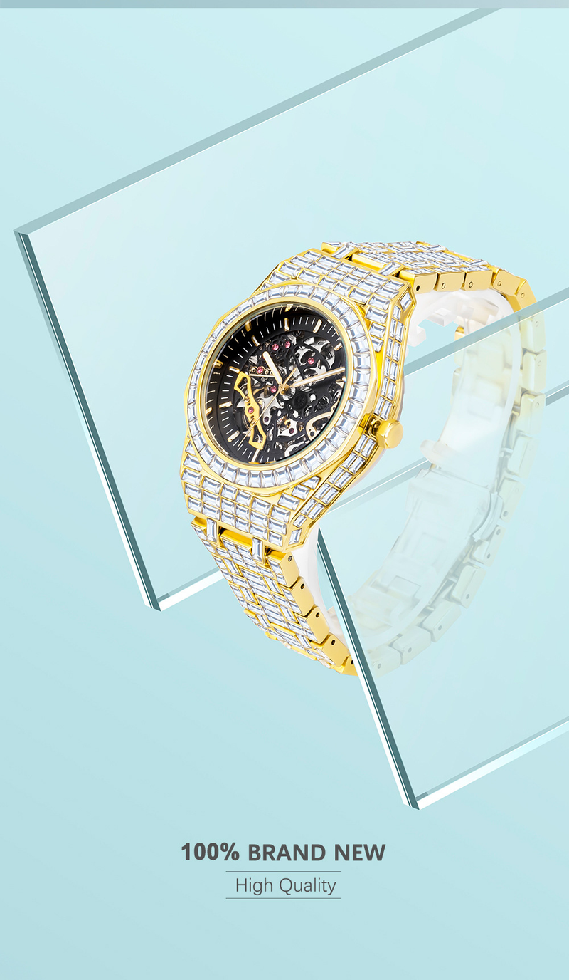 MISSFOX Ceas bărbătesc MISSFOX Silver Senior, complet mecanic, cu diamant pătrat, de lux, strălucitor, gol_voghion.com