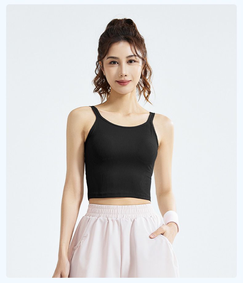 Women's Clothing New Striped Double Shoulder Strap Vest Soft High Elastic Breathable U Shaped Beautiful Back Fixed Chest Pad Sports Vest_voghion.com