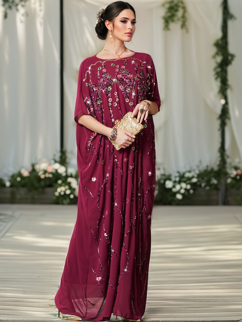 Hand-Embroidered Beaded Cape Dress With 3D Floral Details - Elegant Long Evening Gown_voghion.com