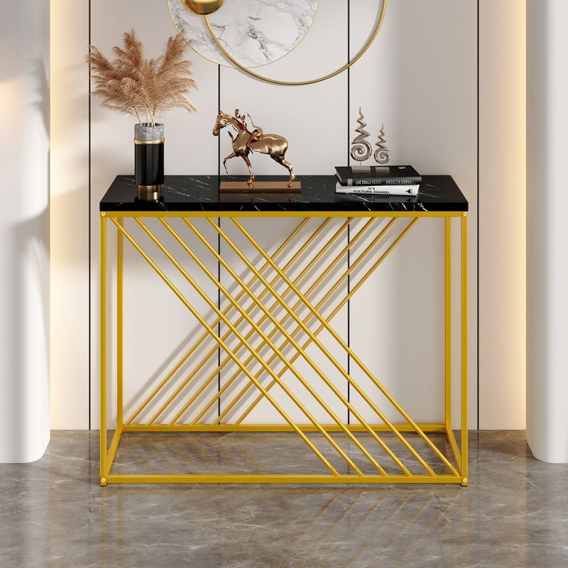 Console noire avec pieds dorés, 100 x 35 x 77 cm, table d'entrée en MDF brillant, table de couloir, buffet, table d'appoint, style vintage_voghion.com
