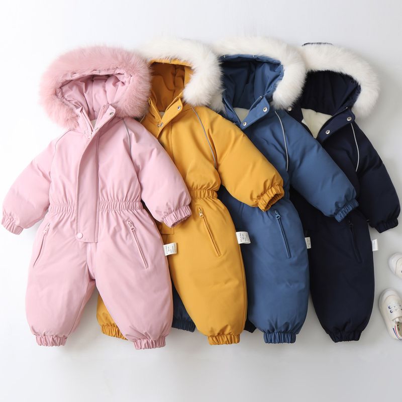 Farblich abgesetzter, fleecegefütterter Schneeanzug mit Kapuze für Kleinkinder – Winter-Thermo-Einteiler mit Reißverschluss, weiches Polyester, Unisex (80–120 cm)_voghion.com