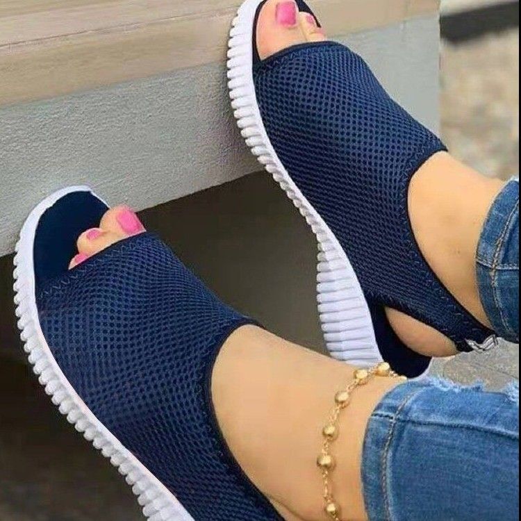 2025 Summer New Thick Sole Mesh Knitted Fish Mouth Sandals, Large Size One Step Women's Shoes_voghion.com
