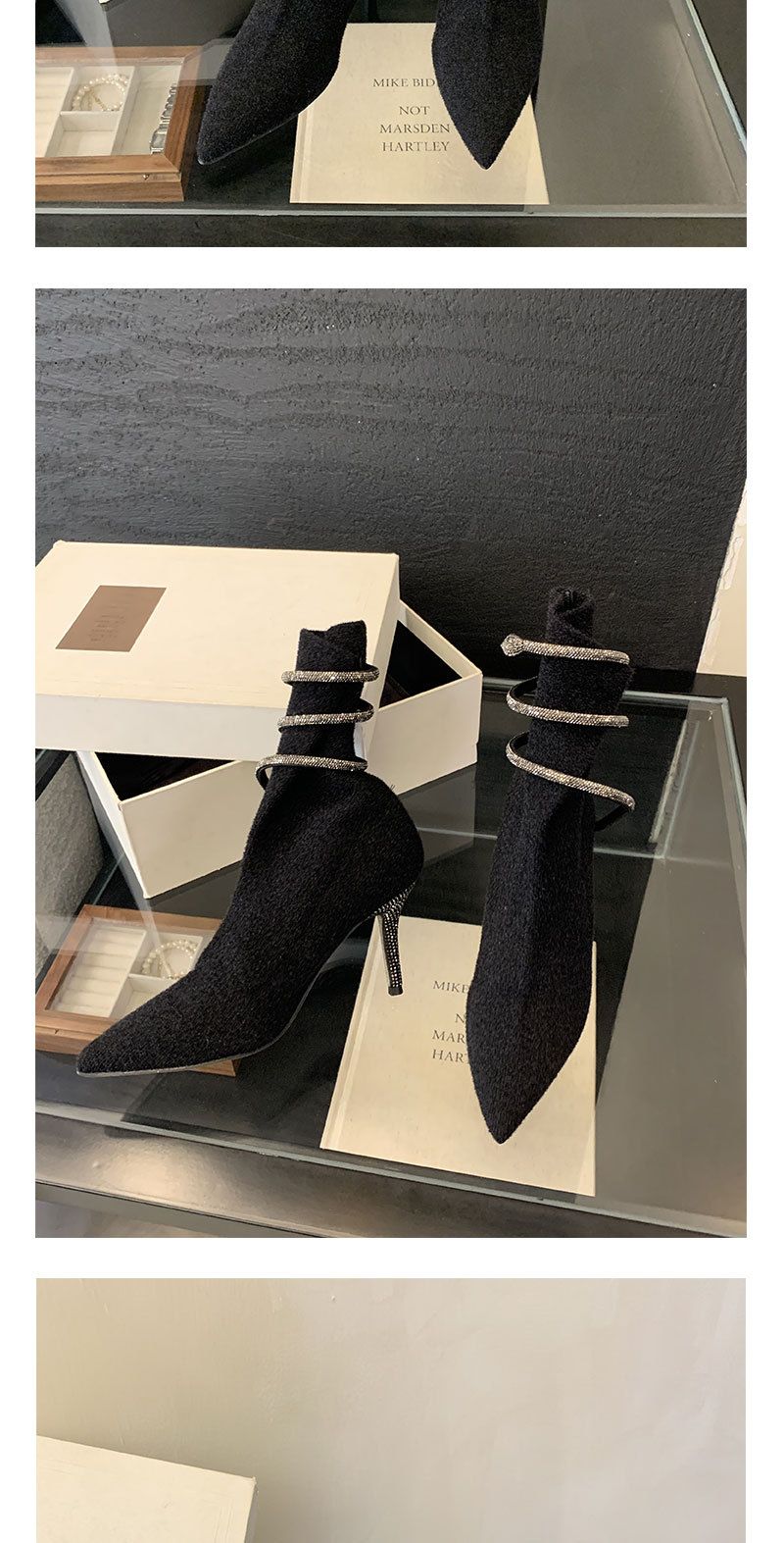 2025 Autumn/Winter New Pointed Toe Rhinestone Short Black High Heel Elastic Knitted Slim Fit Sock Boots For Women_voghion.com