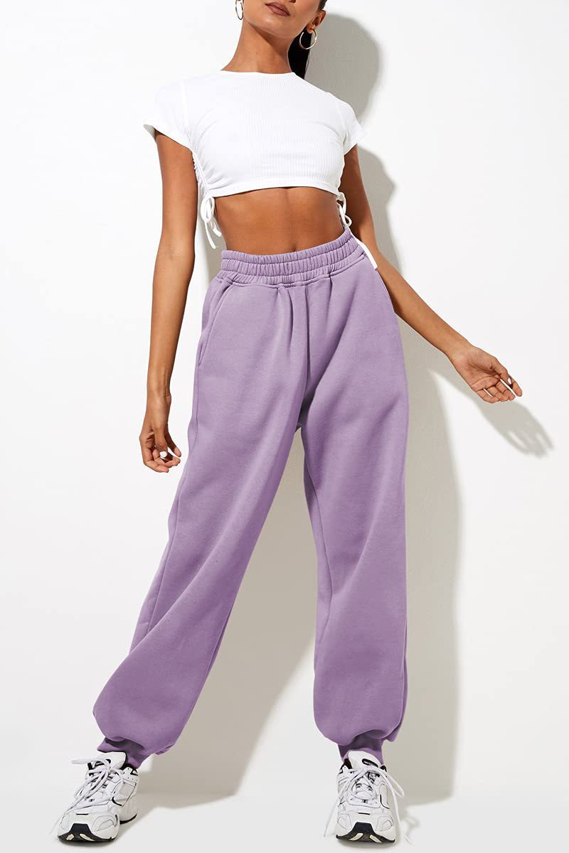 Pantaloni casual sportivi in tinta unita da donna con gambe larghe_voghion.com