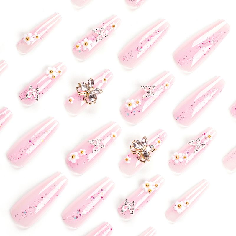 Unghie finte con toppa super lunga scintillante esplosiva con fiore rosa dolce e farfalla_voghion.com