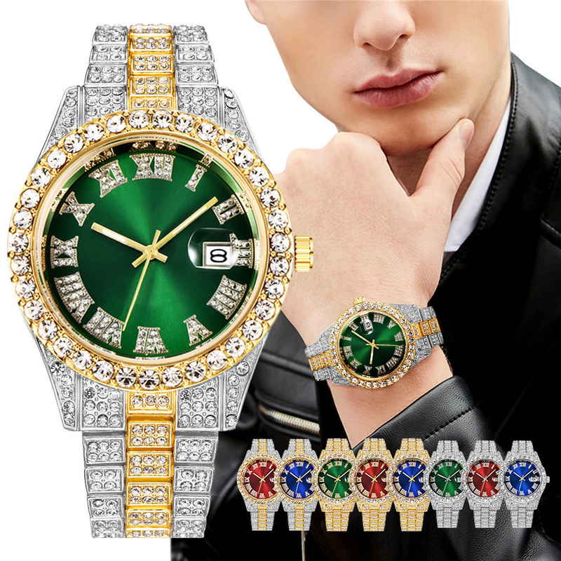 Nieuwe Europese en Amerikaanse Water Ghost Grote Water Diamant Ingelegde Romeinse Schaal Kalender Hip Hop Heren Gouden Horloge Vol Diamanten Horloge_voghion.com