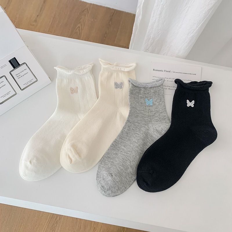 Women's Spring And Fall Bow White Seamless Mid-calf Small Leather Shoes Rolled Cotton Socks Summer Thin Models_voghion.com