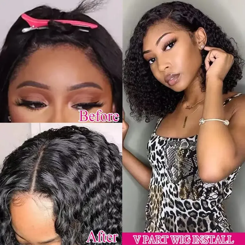 Peluca con corte en forma de V, rizada, 250 % de cabello humano, de 8 a 16 pulgadas, para mujeres, cabello humano virgen brasileño, pelucas completamente hechas a máquina en forma de V_voghion.com