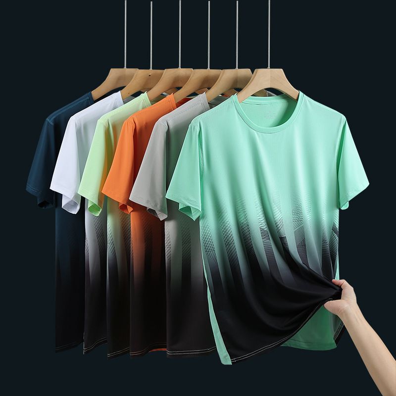 Sommer Neue Eisseide Großer Lockerer Farbverlaufsdruck Schnelltrocknendes Rundhals-Kurzes T-Shirt Halbarm Herrenbekleidung_voghion.com