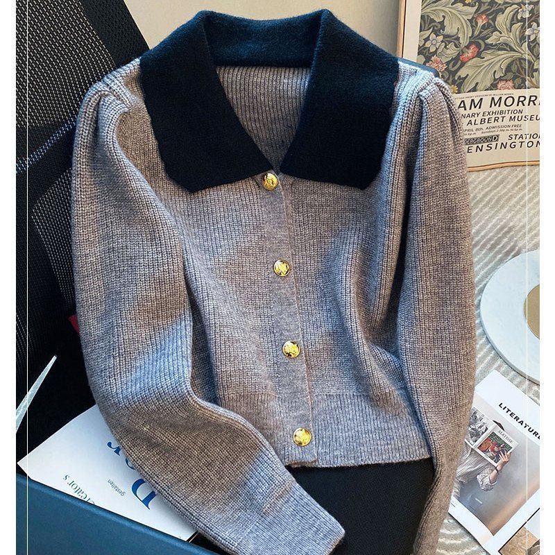 Xiaoxiangfeng Grey Polo Flip Collar, Single Row Buckle, Soft Sticky, Slim Short Sweater for Women Spring and Autumn_voghion.com