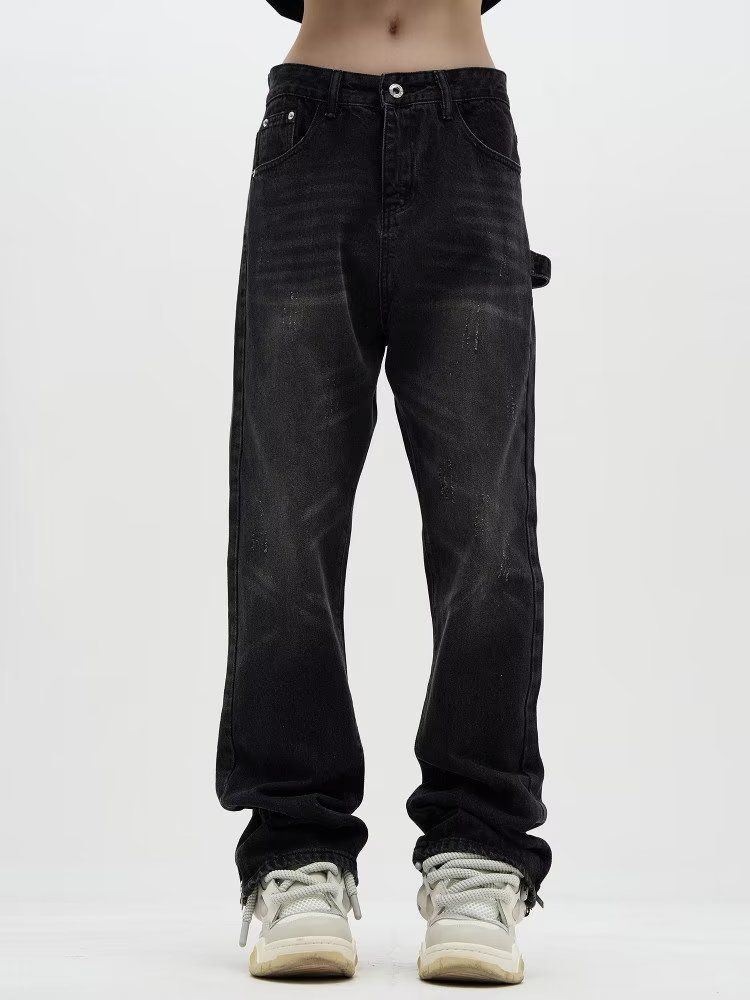 High Street gewassen zwarte jeans met rits aan de zijkant retro uitlopende losse rechte broek voor heren_voghion.com