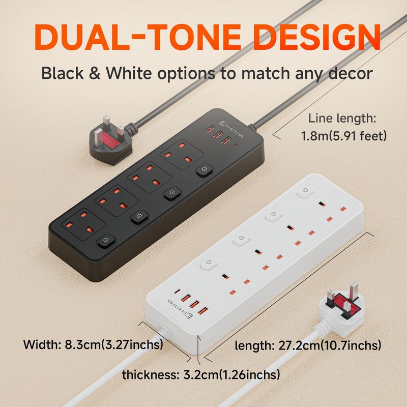 1.8m Extension Cord Socket Network Filter With USB C Ports UK Plug AC Power Strip Outlet Independent Switch Multitap_voghion.com