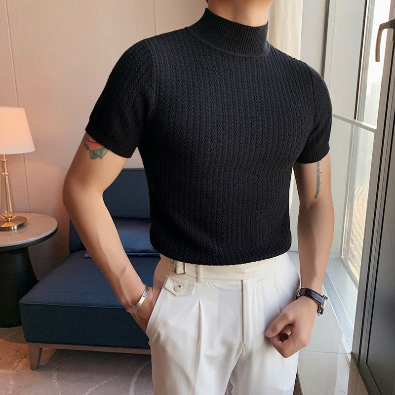Frühling Herren Slim Fit Halbrollkragen Lässige Mode Hübsches T-Shirt Mittelhals Kurzarm Strickpullover Basis_voghion.com