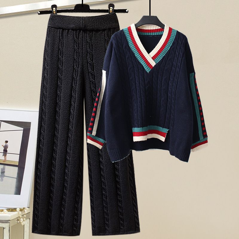 Women's Clothing Large Size Women's Winter Suits For Women New Lazy Style Loose Sweaters Slim And Versatile Wide Leg Pants Two Piece Suit_voghion.com