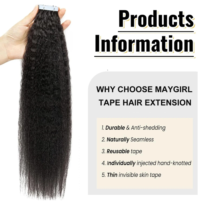 Extensiones de cabello humano Remy Yaki con cinta adhesiva, rizadas y rectas, 20 unidades_voghion.com