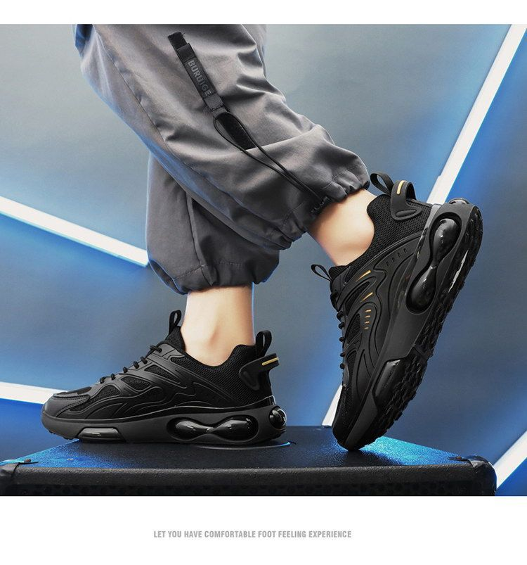 Chaussures de sport à coussin d'air pour hommes, basses à lacets, noires, Mamba, en maille, semelle épaisse, pour papa, nouvelle collection 2024_voghion.com