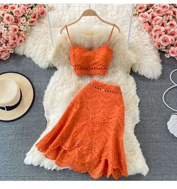 Women's Backless Short Tube Top Camisole Top Two-piece Suit 1 Waist Ruffle Skirt_voghion.com